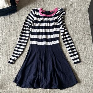 Express knit Navy and White Striped Dress with Pink Trim